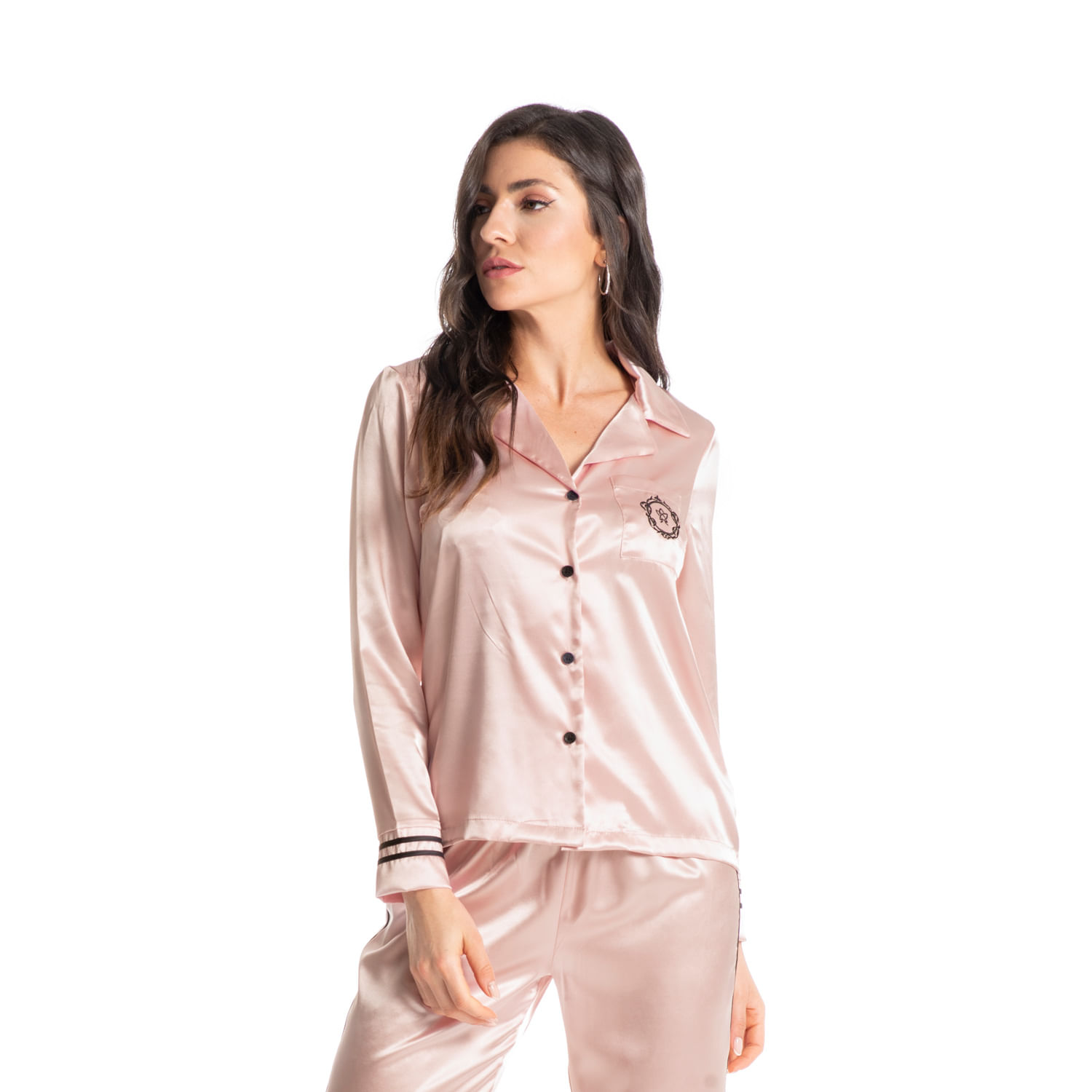 Pijama Longo Em Cetim Abotoado Luxo Rosa Renner 