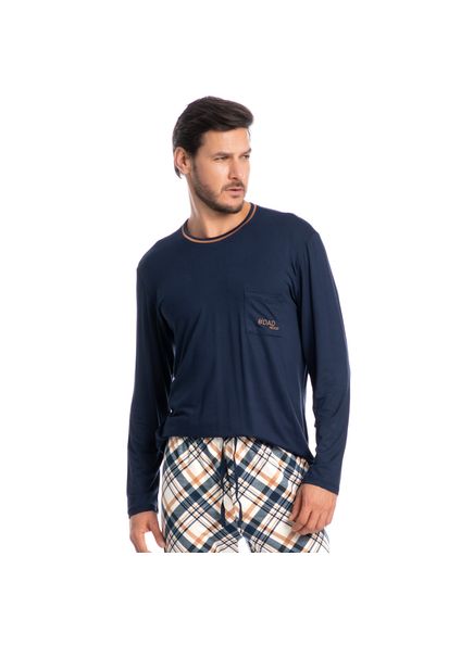 Pijama Masculino Longo Chess Tombini Azul-marinho - Imagem 1