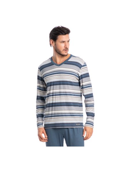 Pijama Masculino Longo Listrado José Bege - Imagem 1