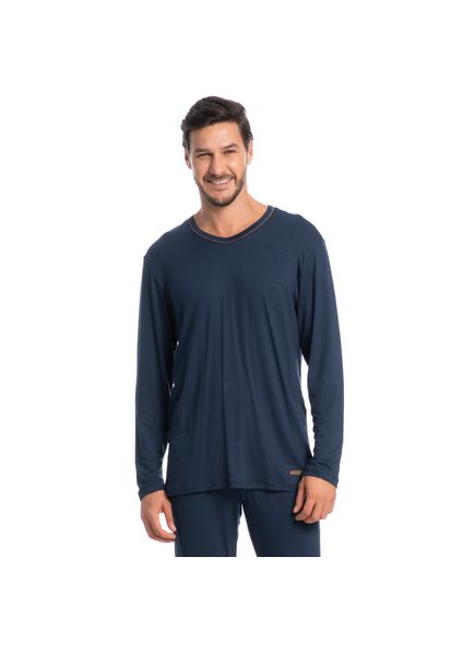 Pijama Masculino Decote V Longo New Romeu Tombini Azul-marinho - Imagem 1