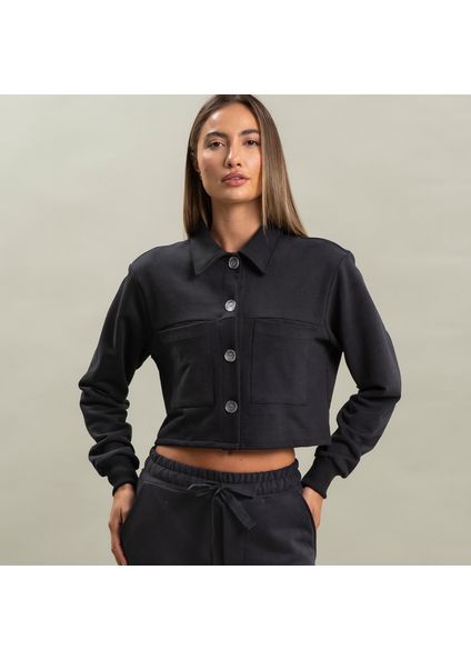 Camisa Feminina Em Moletom Abotoada Cropped Arianna Vivame Preto - Imagem 1
