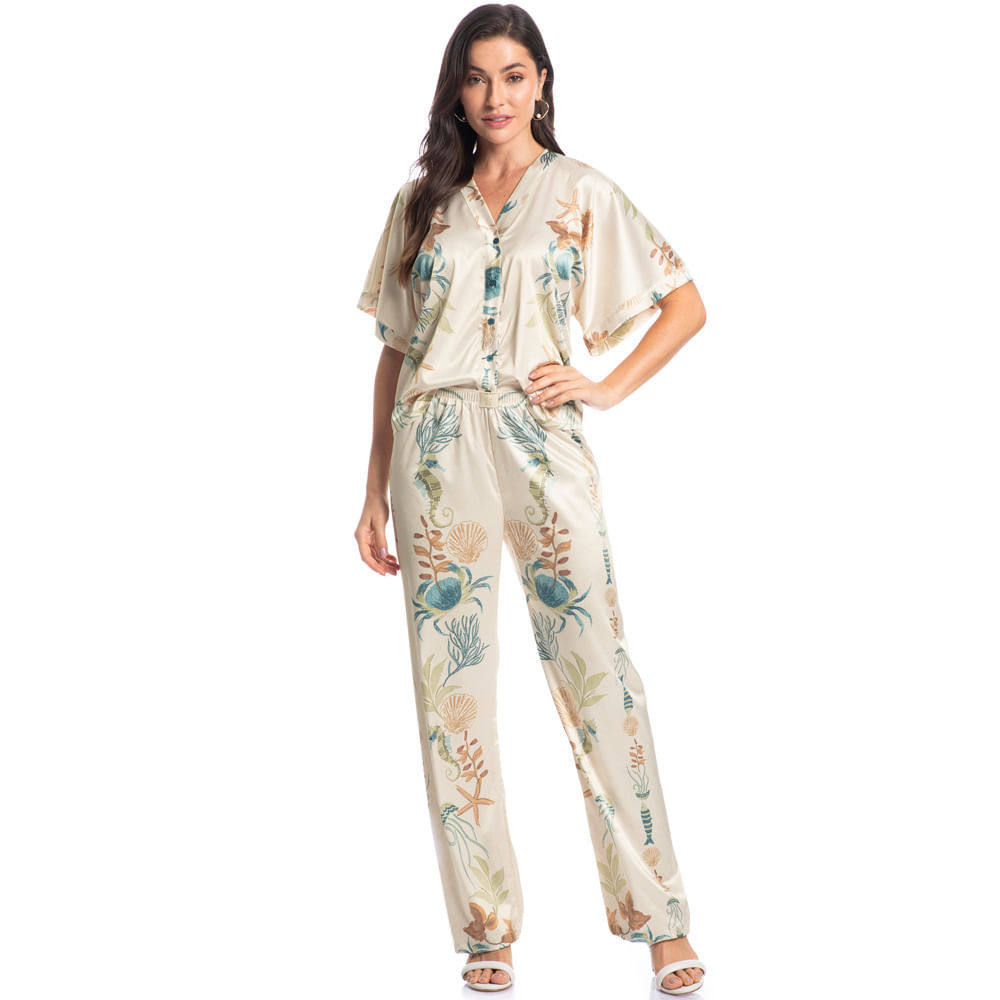 Pijama Feminino Longo Abotoado Em Cetim Alana - Imagem 3 - Mobile