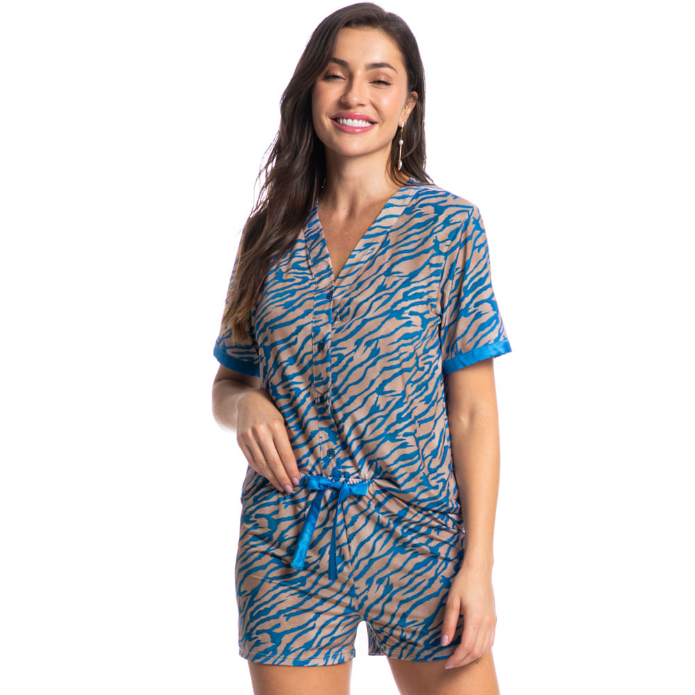 Pijama Feminino Curto Abotoado Luna Zebra Azul-2 - Imagem 1