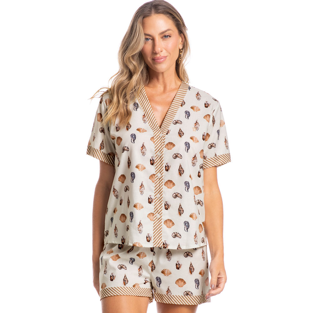 Pijama Feminino Curto Abotoado Larissa Branco - Imagem 1