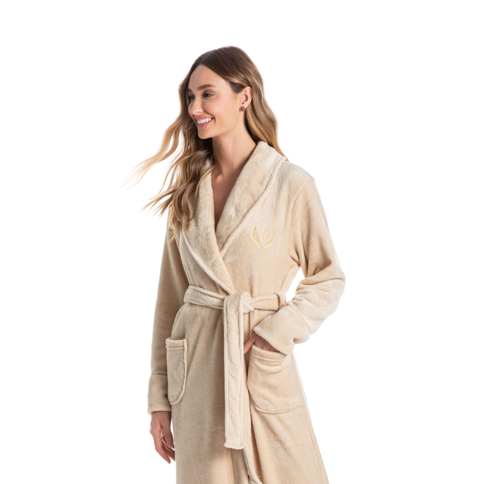 Robe Em Fleece Longo Pétala Bege - Imagem 1