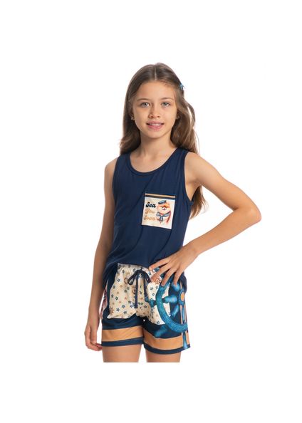 Pijama Infantil Curto Regata Com Bolso Nautical Azul-marinho - Imagem 1