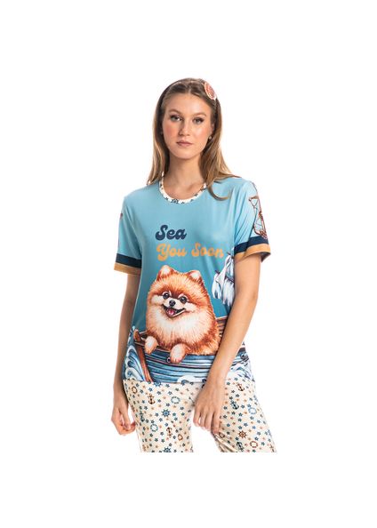 Pijama Feminino Longo Manga Curta Nautical Azul-marinho - Imagem 1