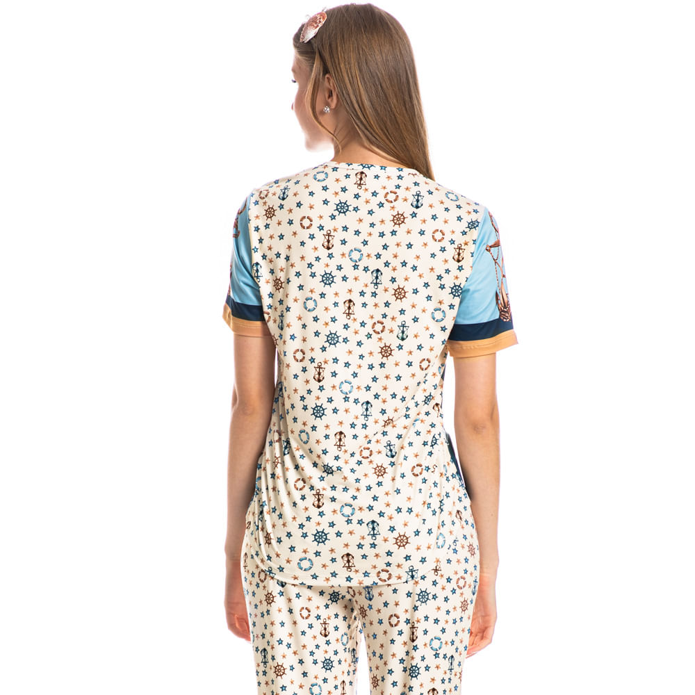 Pijama Feminino Longo Manga Curta Nautical Azul-marinho - Imagem 2