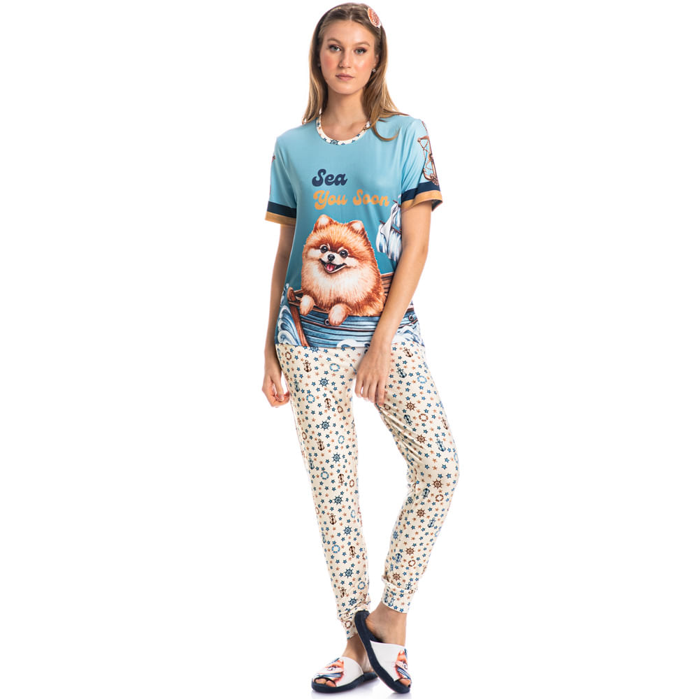 Pijama Feminino Longo Manga Curta Nautical - Imagem 3 - Mobile