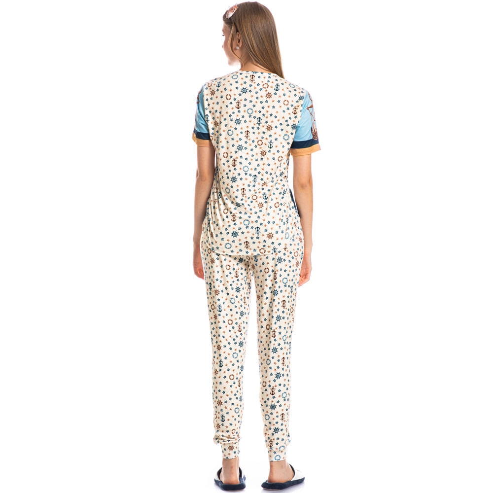 Pijama Feminino Longo Manga Curta Nautical - Imagem 4 - Mobile
