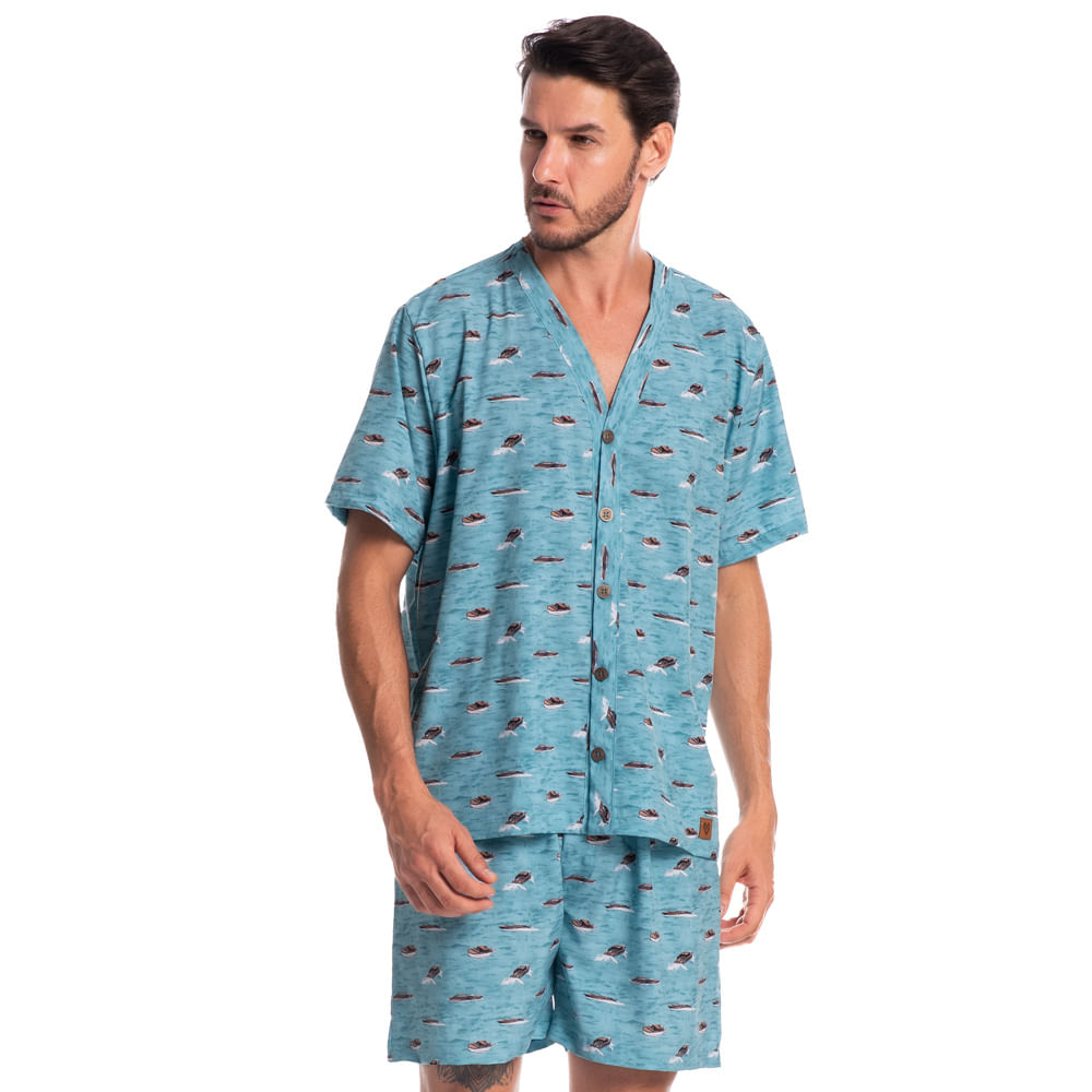 Pijama Masculino Curto Abotoado Lorenzo Tombini Azul-2 - Imagem 1