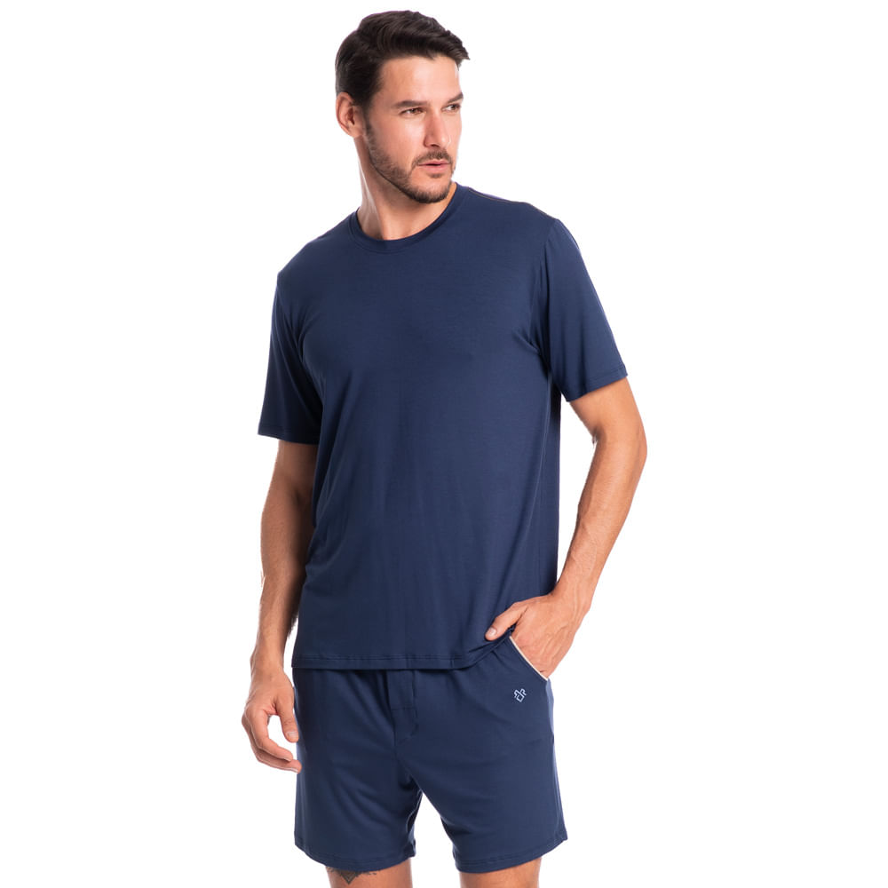 Pijama Masculino Curto Com Bolso Lucca Tombini Azul-marinho - Imagem 1