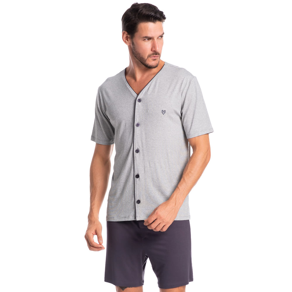 Pijama Masculino Curto Abotoado Henrique Tombini Cinza - Imagem 1
