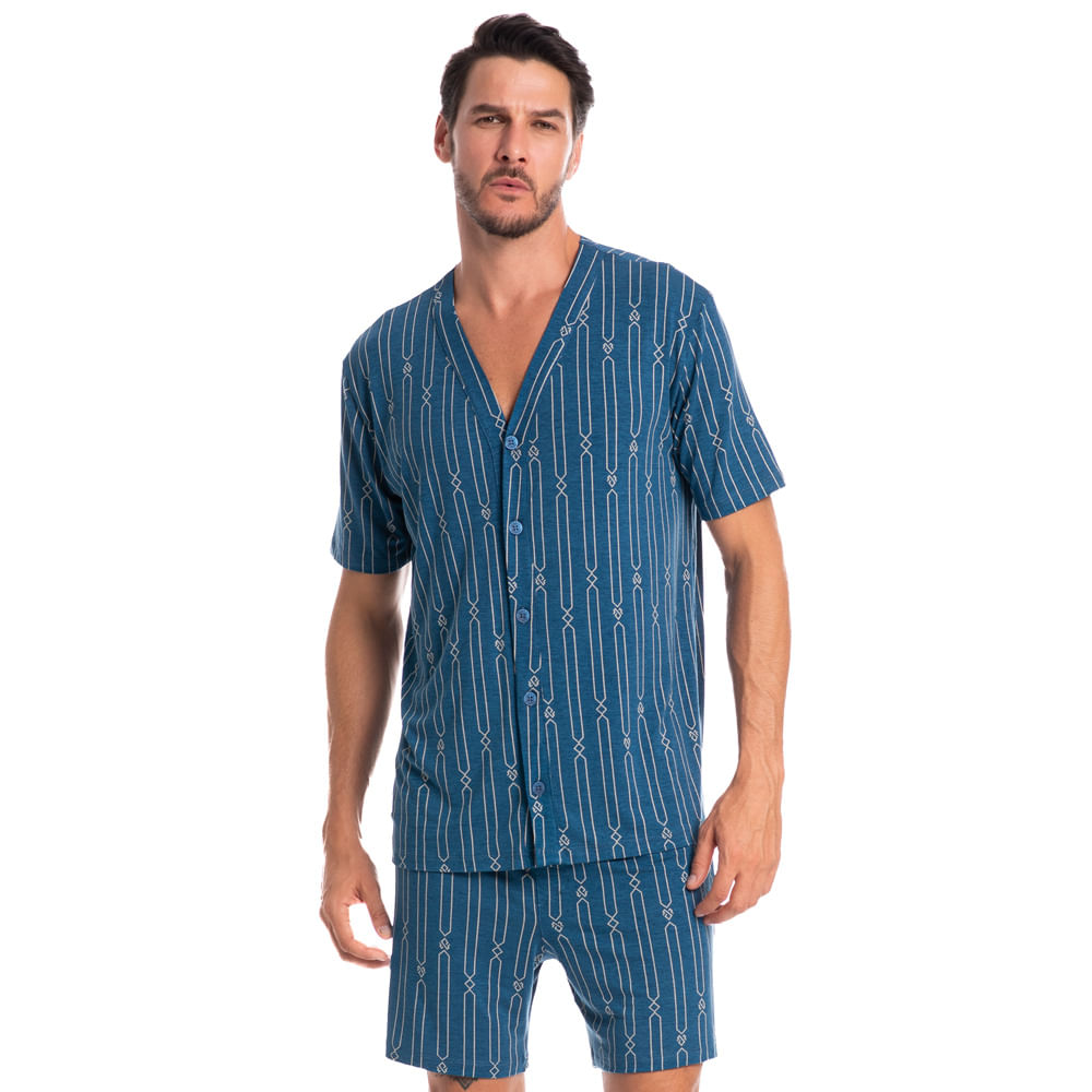 Pijama Masculino Curto Abotoado Victor Azul-marinho - Imagem 1