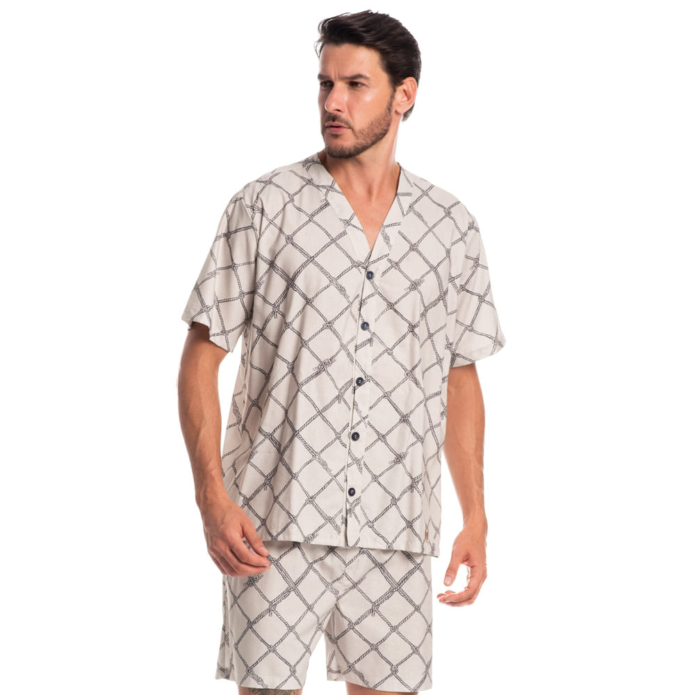 Pijama Masculino Curto Abotoado Cordas Tombini Branco - Imagem 1