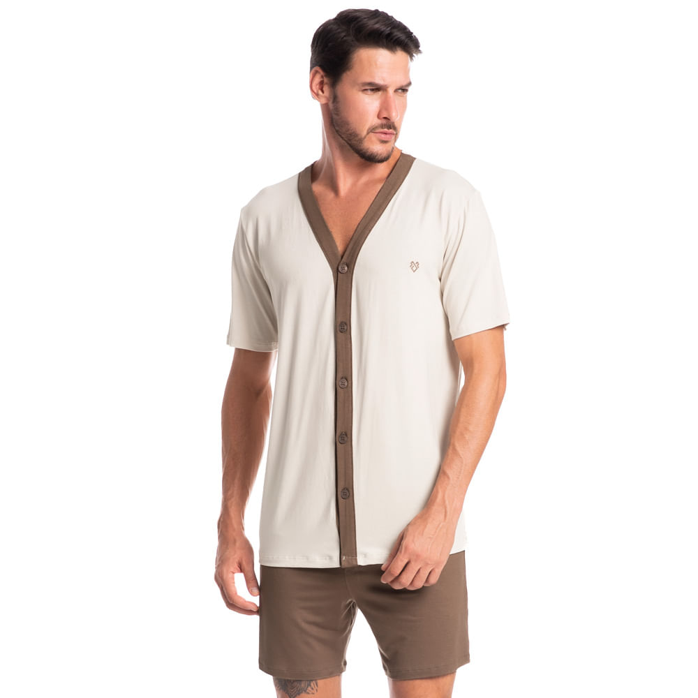 Pijama Masculino Curto Abotoado Romeu Tombini Branco - Imagem 1