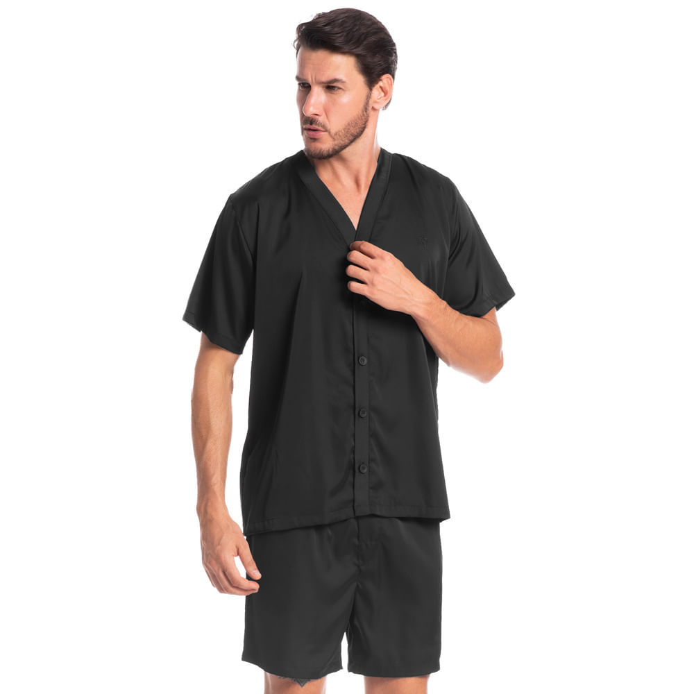 Pijama Masculino Curto Abotoado Enzo Tombini Preto - Imagem 1