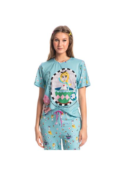Pijama Feminino Longo Manga Curta Marlowa Azul-2 - Imagem 1