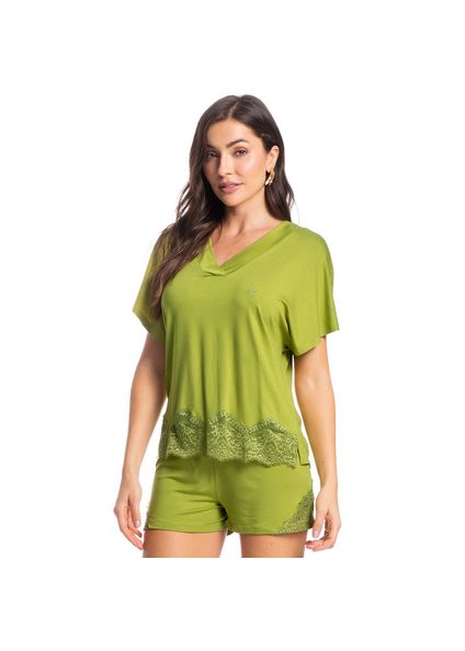 Pijama Feminino Curto Com Renda Rose Verde - Imagem 1