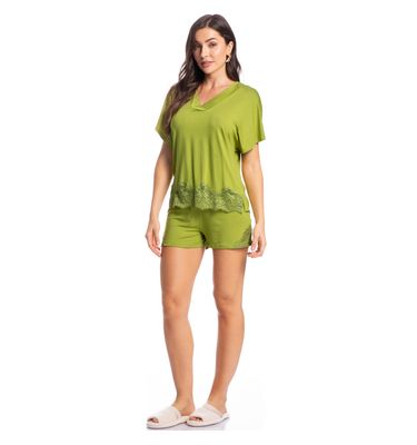 Pijama Feminino Curto Com Renda Rose - Imagem 3 - Mobile