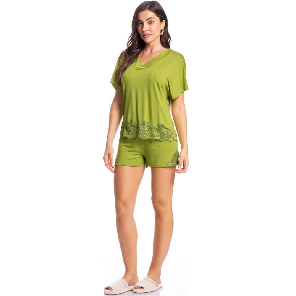 Pijama Feminino Curto Com Renda Rose - Imagem 3 - Mobile