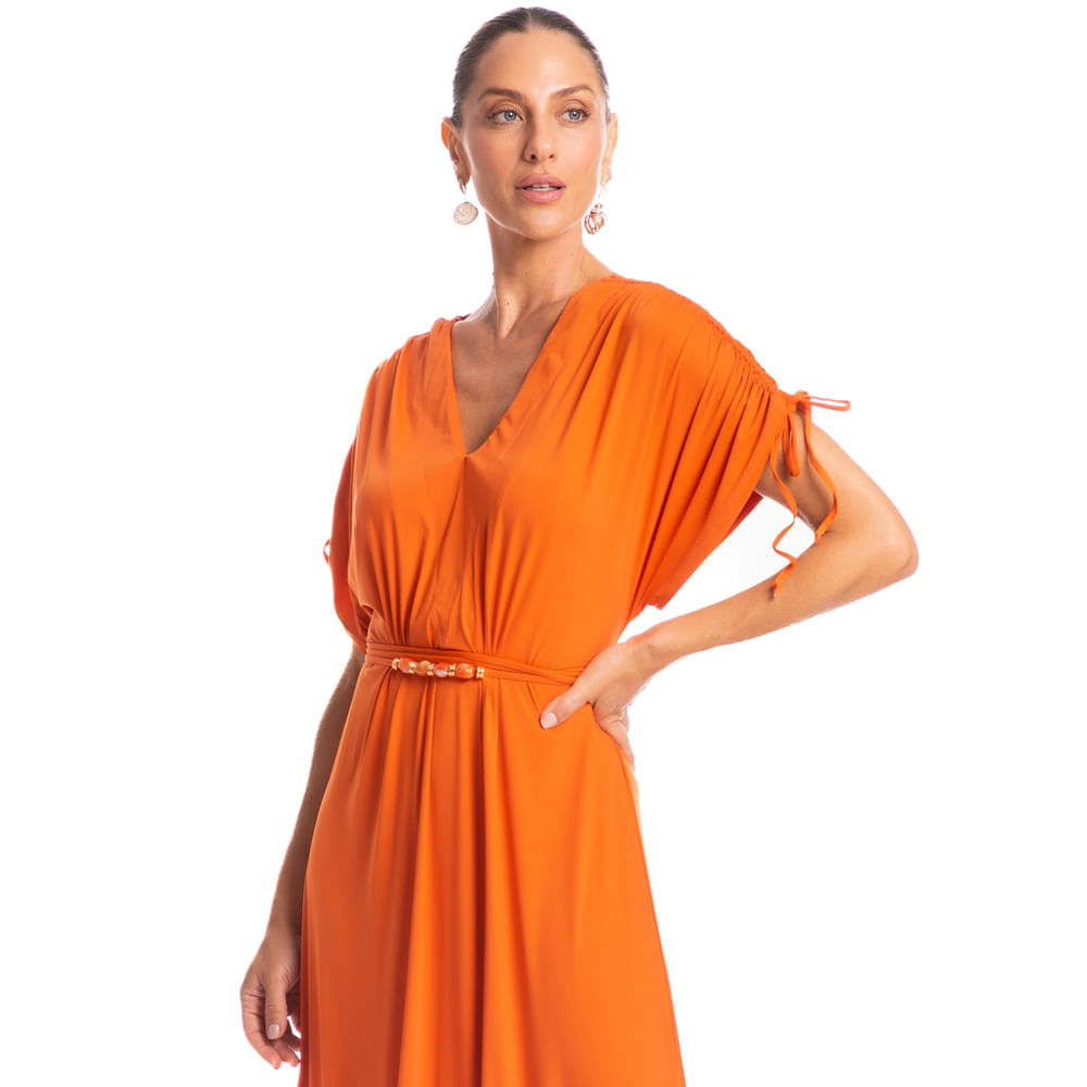 Vestido Com Manga E Cinto Ferrugem - Imagem 1