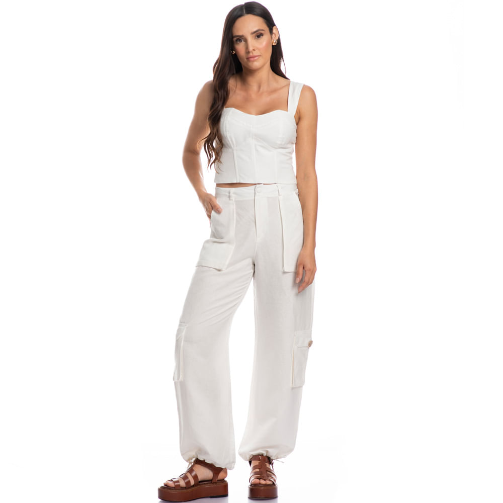 Calça Feminina Cargo Com Bolso Linho Noronha - Imagem 3 - Mobile