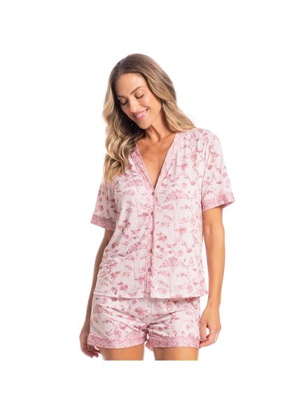 Pijama-Curto-Abotoado-Leila-Floral-Rosa