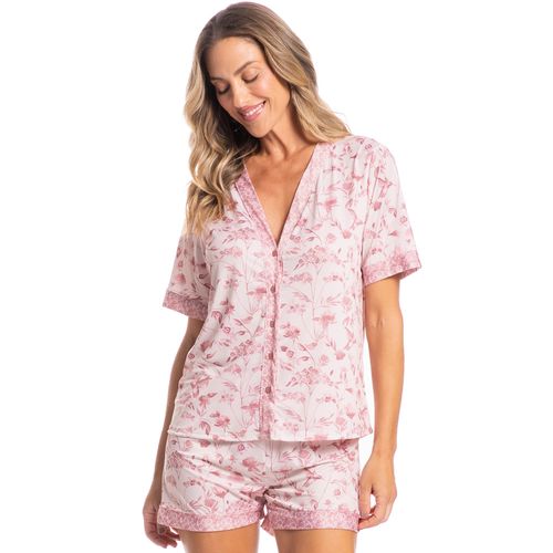 Pijama-Curto-Abotoado-Leila-Floral-Rosa