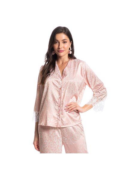 Pijama Feminino Longo Abotoado Com Renda Lari Rosa-3 - Imagem 1