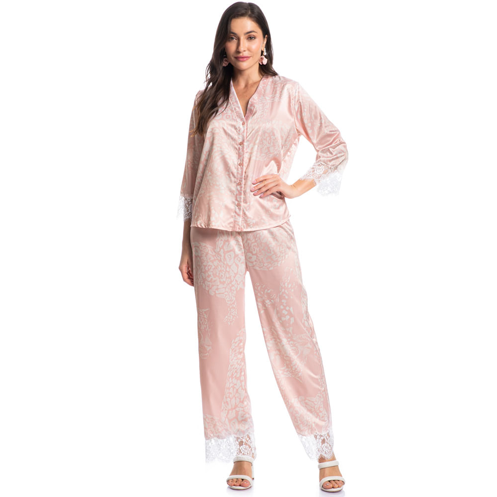 Pijama Feminino Longo Abotoado Com Renda Lari - Imagem 3 - Mobile
