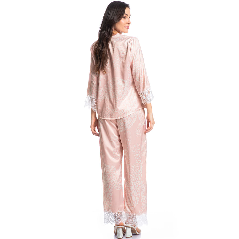 Pijama Feminino Longo Abotoado Com Renda Lari - Imagem 4 - Mobile