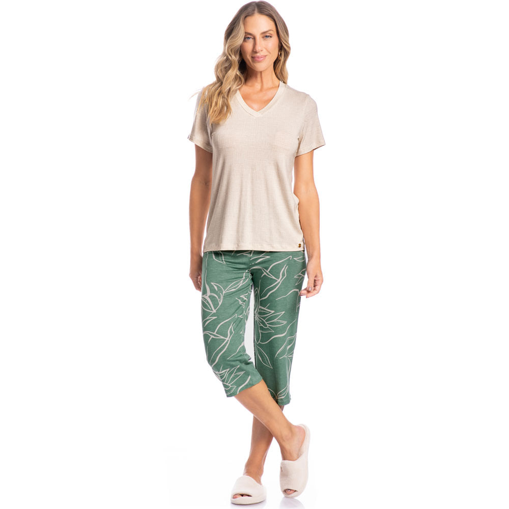 Pijama Feminino Pescador Maiara Floral Verde - Imagem 3 - Mobile