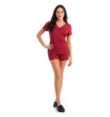 Pijama Feminino Curto Com Renda Mia - Imagem 3 - Mobile