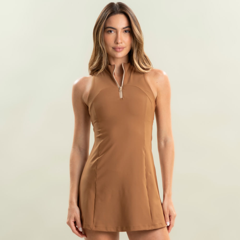 Vestido Curto Com Zíper E Shorts Jockey Vivame Bege - Imagem 1