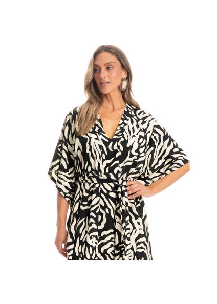 Kaftan Longo Com Faixa De Amarração Pantanal Preto - Imagem 1
