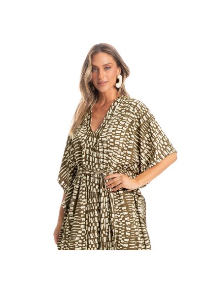 Kaftan Longo Com Faixa De Amarração Amazônica Verde - Imagem 1