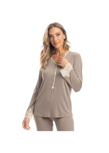 Pijama Feminino Wide Leg Com Abertura Maju Bege - Imagem 1