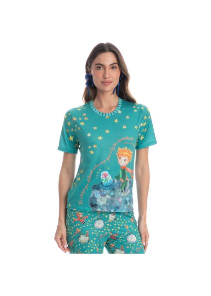 Pijama Feminino Longo Manga Curta Pequeno Príncipe Azul-2 - Imagem 1