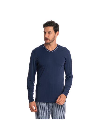 Pijama Masculino Longo Estampado Clóvis Tombini Azul-marinho - Imagem 1