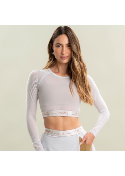Blusa Crop Tule Duplo Com Elástico Camel Vivame Branco - Imagem 1