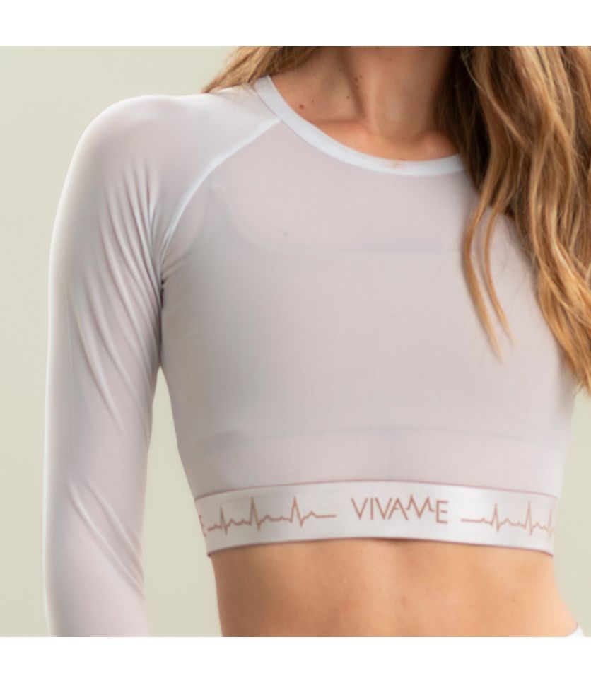 Blusa Crop Tule Duplo Com Elástico Camel Vivame - Imagem 5 - Desktop