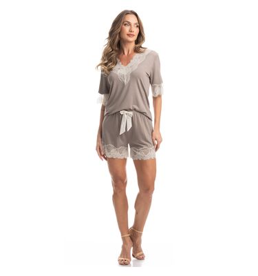 Pijama Feminino Curto Com Renda Tulipa - Imagem 3 - Mobile