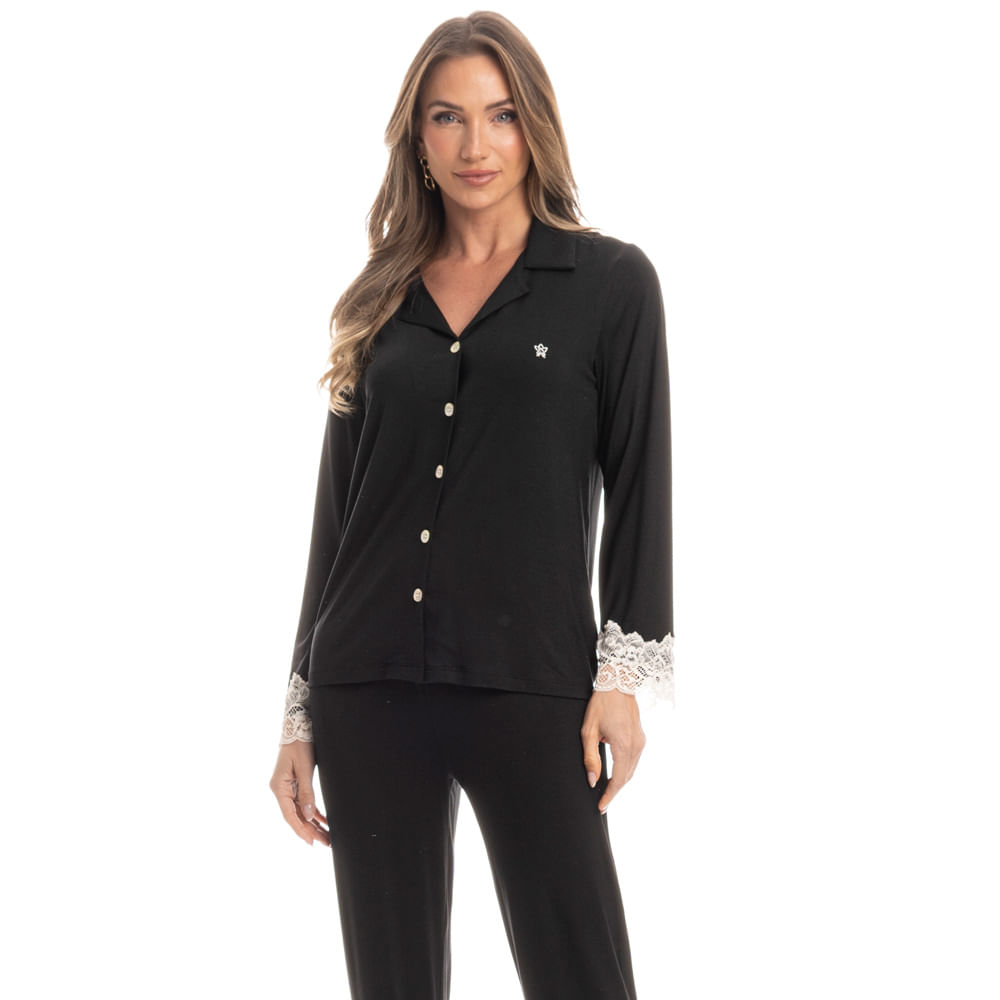 Pijama Feminino Longo Americano Acácia Preto - Imagem 1