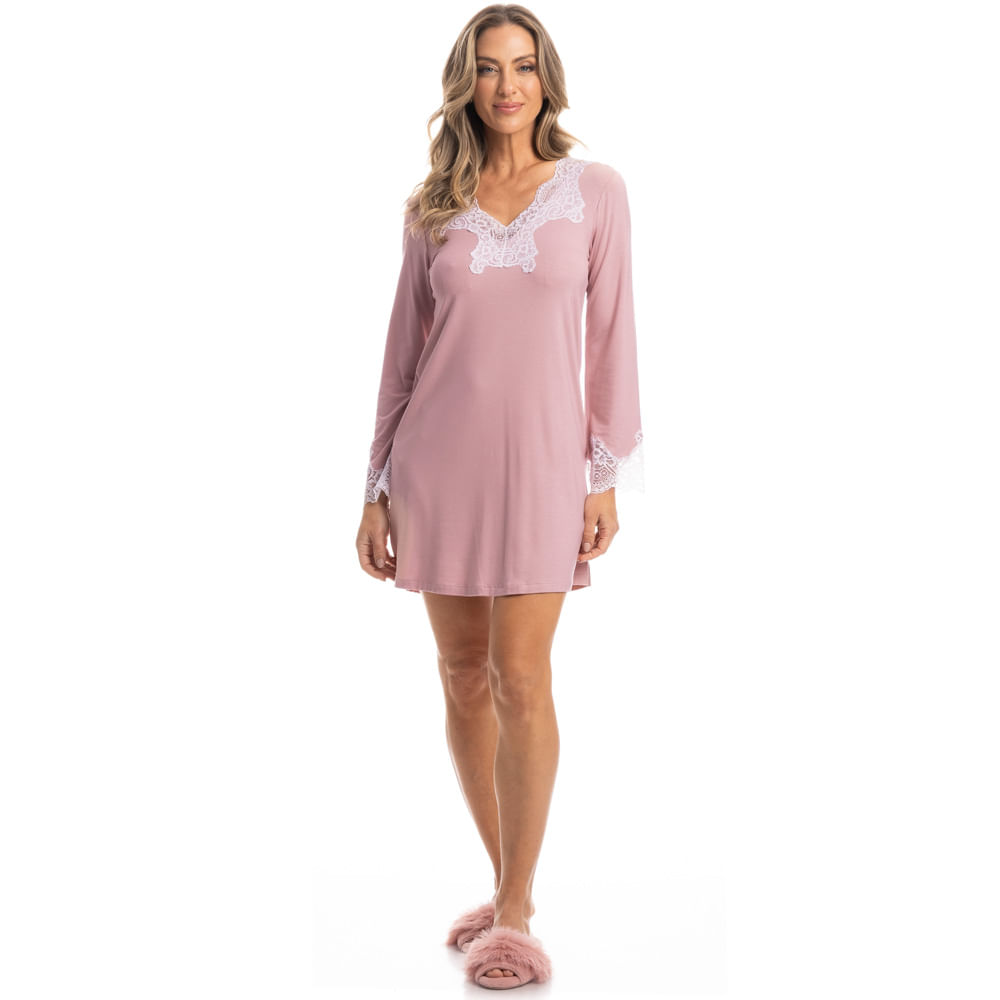 Camisão Manga Longa Com Renda Paula - Imagem 3 - Mobile