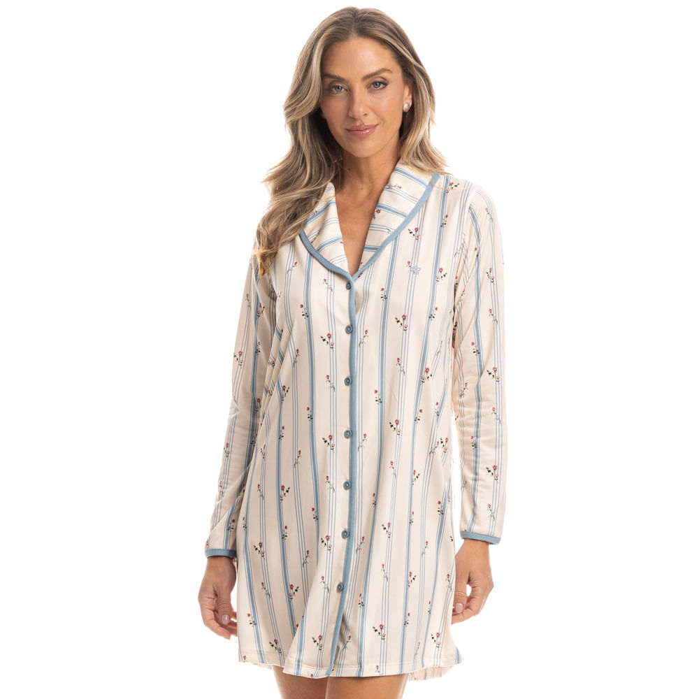Camisão Feminino Curto Abotoado Flor Azul - Imagem 1