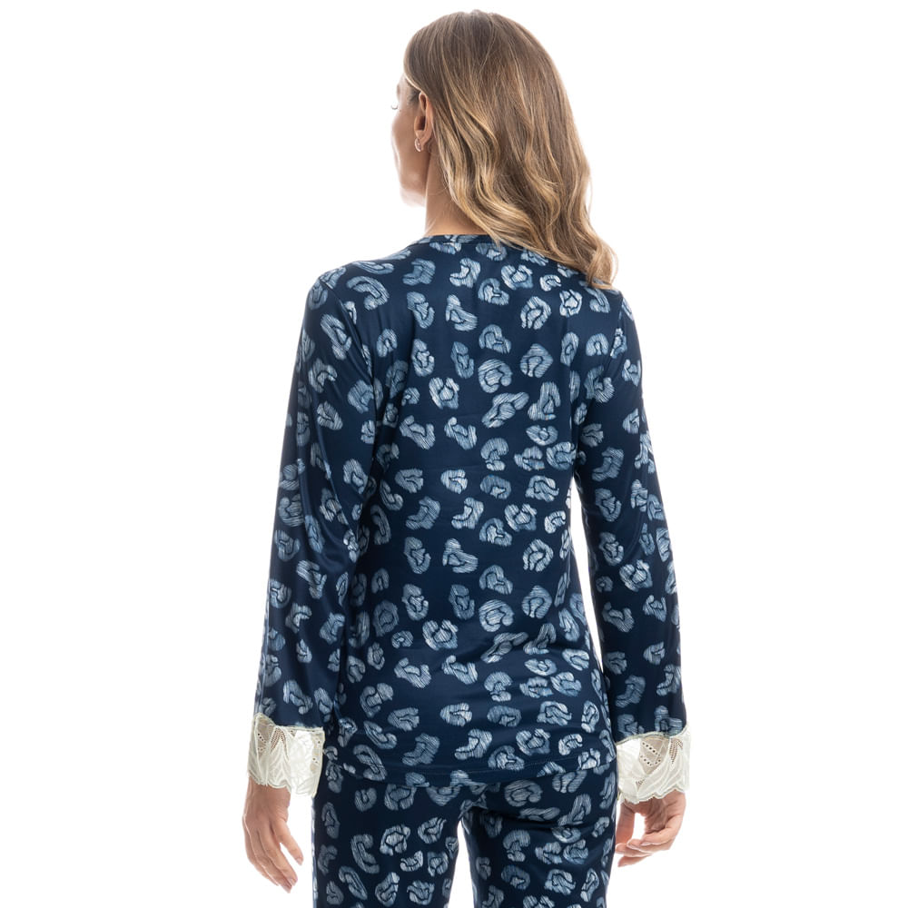 Pijama Feminino Longo Com Renda Lia Azul-marinho - Imagem 2