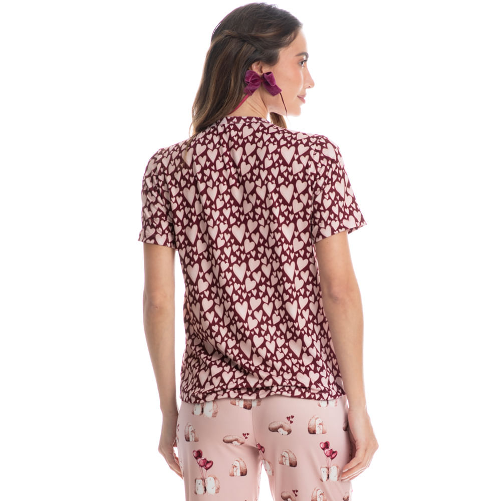 Pijama Feminino Longo Manga Curta Cute Love Rosa-3 - Imagem 2