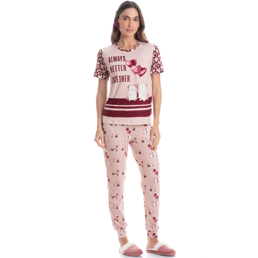 Pijama Feminino Longo Manga Curta Cute Love - Imagem 3 - Mobile