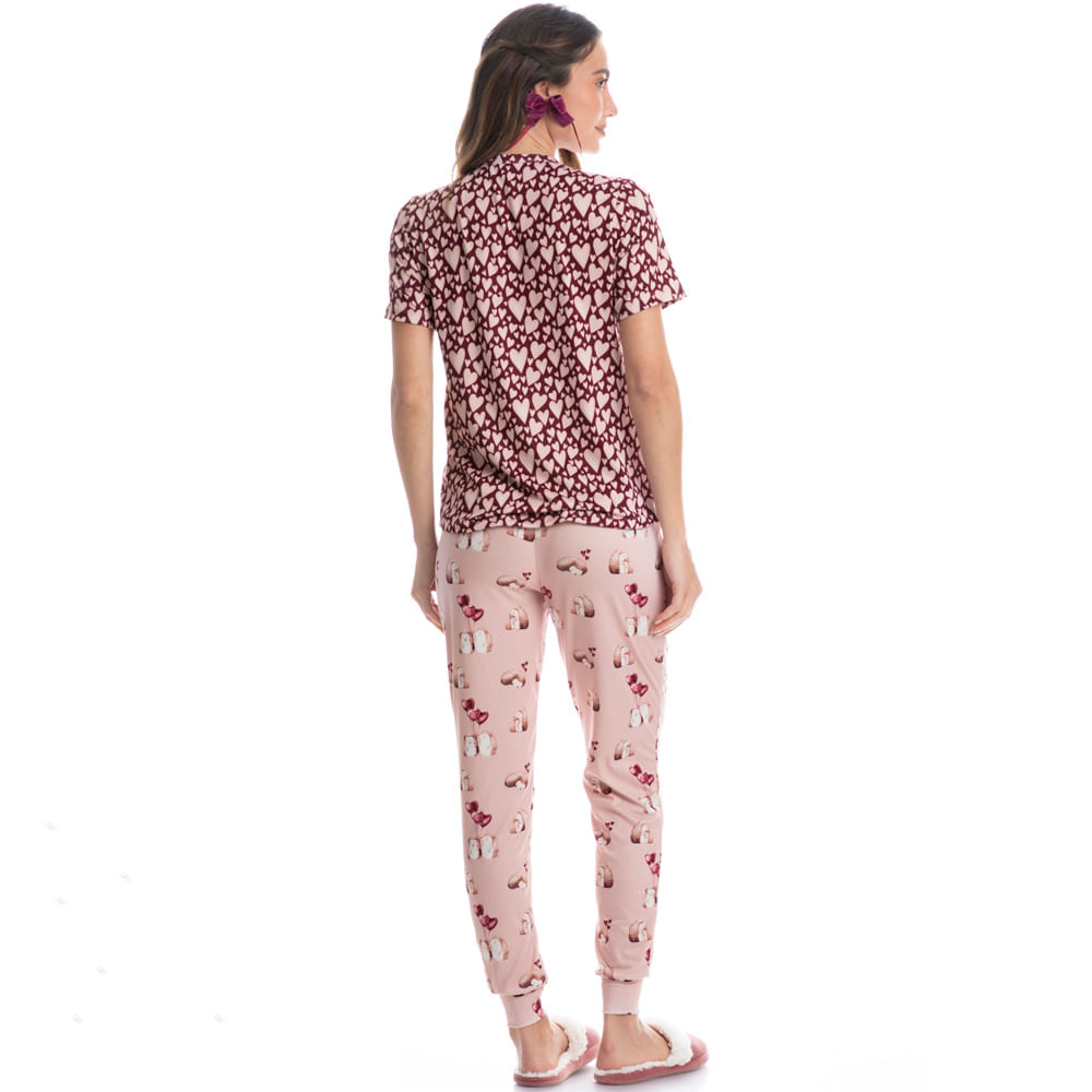 Pijama Feminino Longo Manga Curta Cute Love - Imagem 4 - Mobile